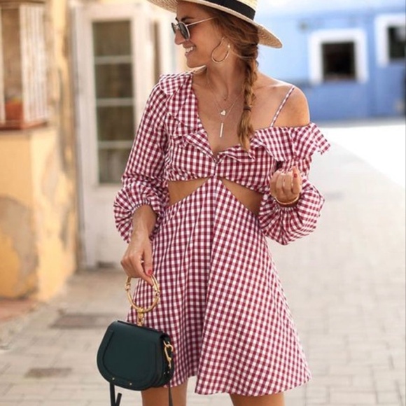 Lovers and Friends Gingham Red Mini Dress One Shoulder M - Picture 1 of 16